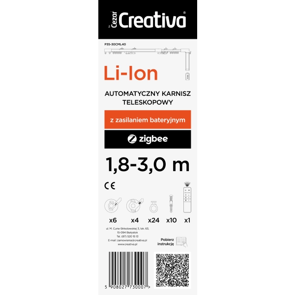 Teleskopowy Karnisz Elektryczny 2,50 - 4,50 m Bateria Zigbee z pilotem